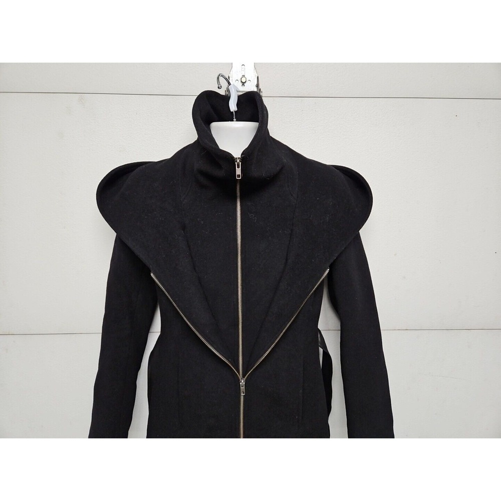Soia & Kyo Luxury Hooded Wool Blnd Black Coat W/ Zip Inner Vest Leather Belt S/P - Picture 3 of 16